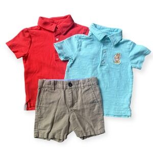 Janie and Jack Boys 2T Outfit Set Red Blue Gray Malin Polo Khaki Linen Shorts